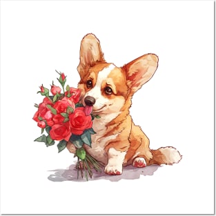 Valentine Pembroke Welsh Corgi Dog Giving Flowers Posters and Art